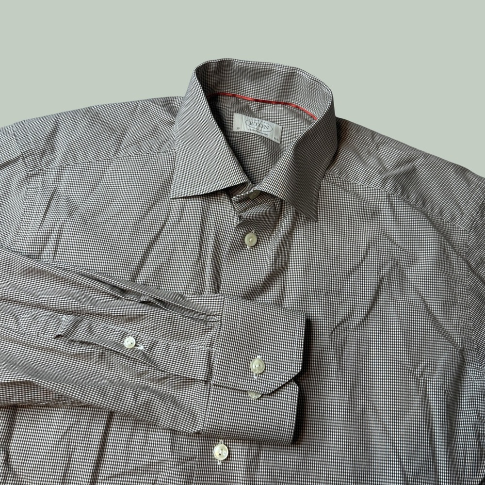 Eton Dress Shirt Mens 15 1/2 Contemporary Brown Micro-Check Button-Down EXCEL